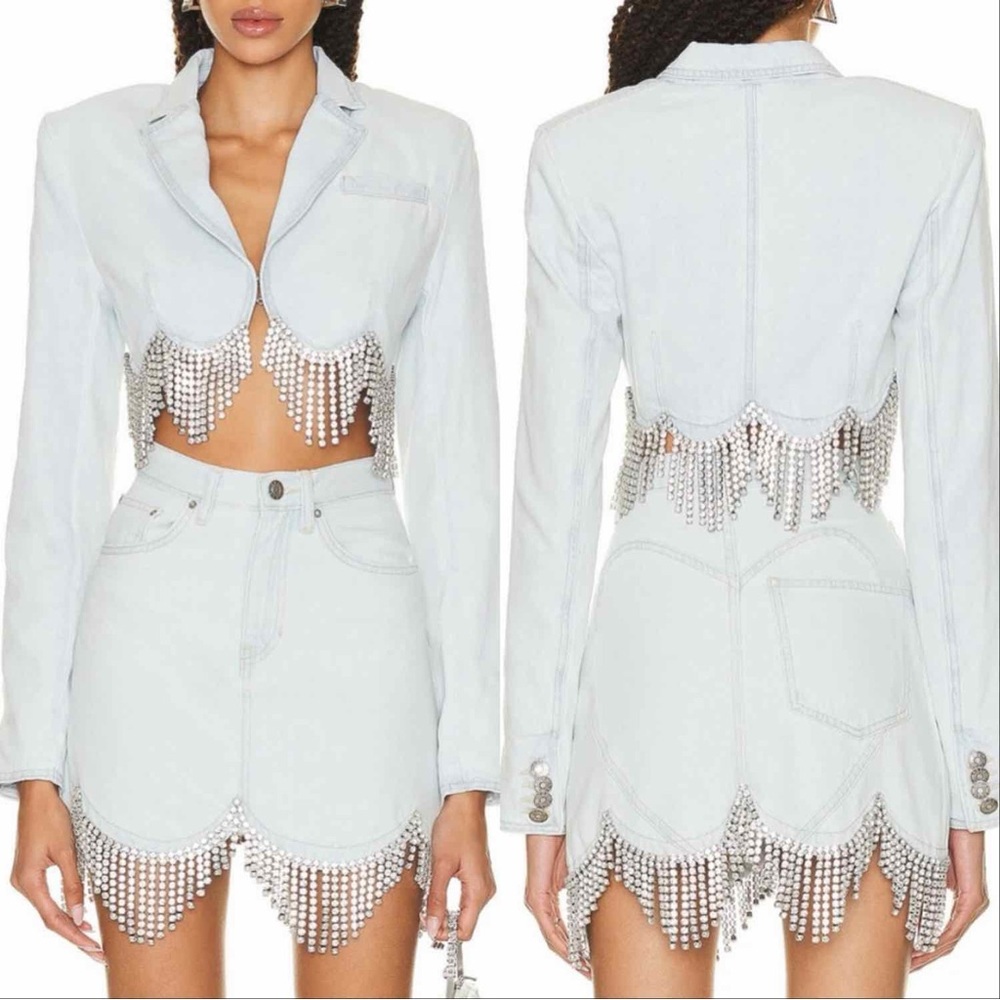 ⚡️⚡️AREA Scalloped Embellished Cropped Denim Jacket in Pale Blue, Size 4,NWT - Picture 1 of 17